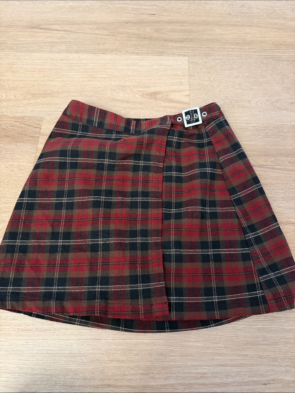 Brandy Melville Red and Black Plaid Buckle Mini Skirt